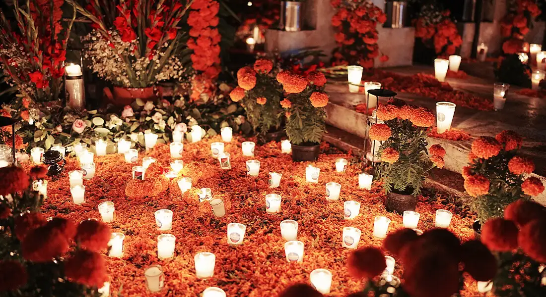 Veladoras encendidas y flores en una ofrenda de Día de Muertos